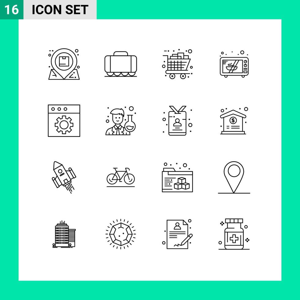 esquema de interfaz móvil conjunto de 16 pictogramas de mac horno regalos microondas compras elementos de diseño vectorial editables vector