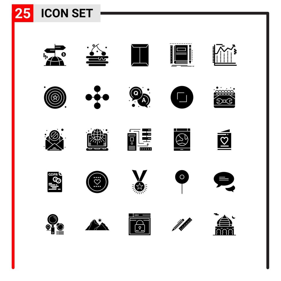 25 Thematic Vector Solid Glyphs and Editable Symbols of arrows pocket rack notepad book Editable Vector Design Elements