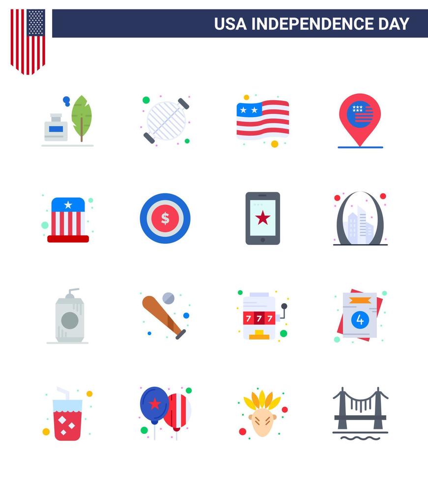 Happy Independence Day 4th July Set of 16 Flats American Pictograph of entertainment sign party map american Editable USA Day Vector Design Elements