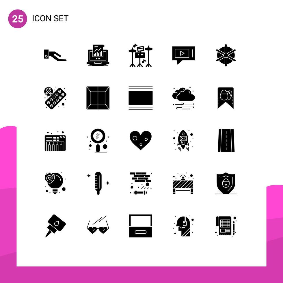 Modern Set of 25 Solid Glyphs and symbols such as ship wheel boat drum service live Editable Vector Design Elements