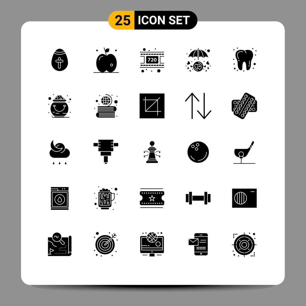 25 Solid Glyph concept for Websites Mobile and Apps tooth dental reel umbrella love care Editable Vector Design Elements