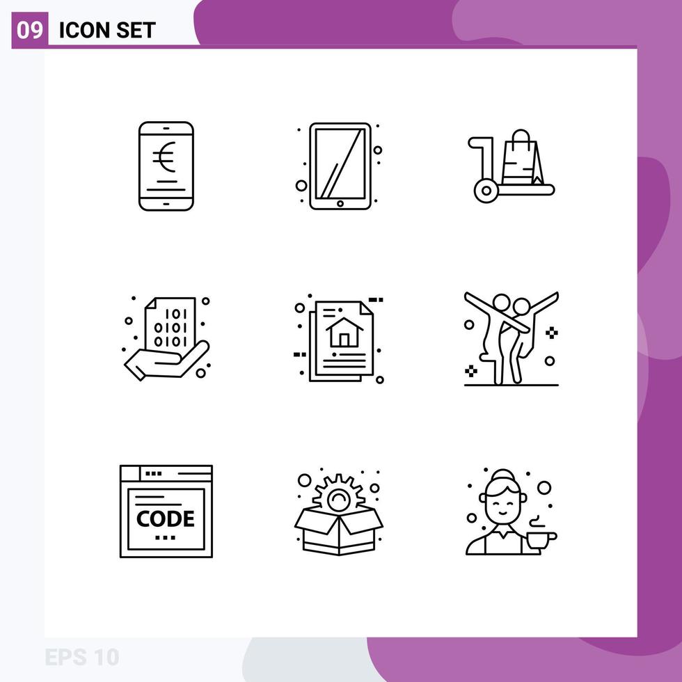 conjunto de 9 iconos de interfaz de usuario modernos signos de símbolos para codificar elementos de diseño de vector editables de carro binario de bolsa compartida