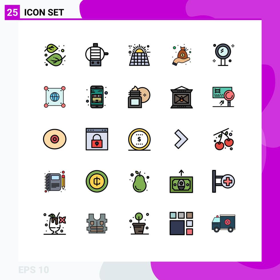 paquete de 25 modernos signos y símbolos de colores planos de línea rellena para medios de impresión web, como bolsa de belleza, dinero ecológico, elementos de diseño de vectores editables en efectivo