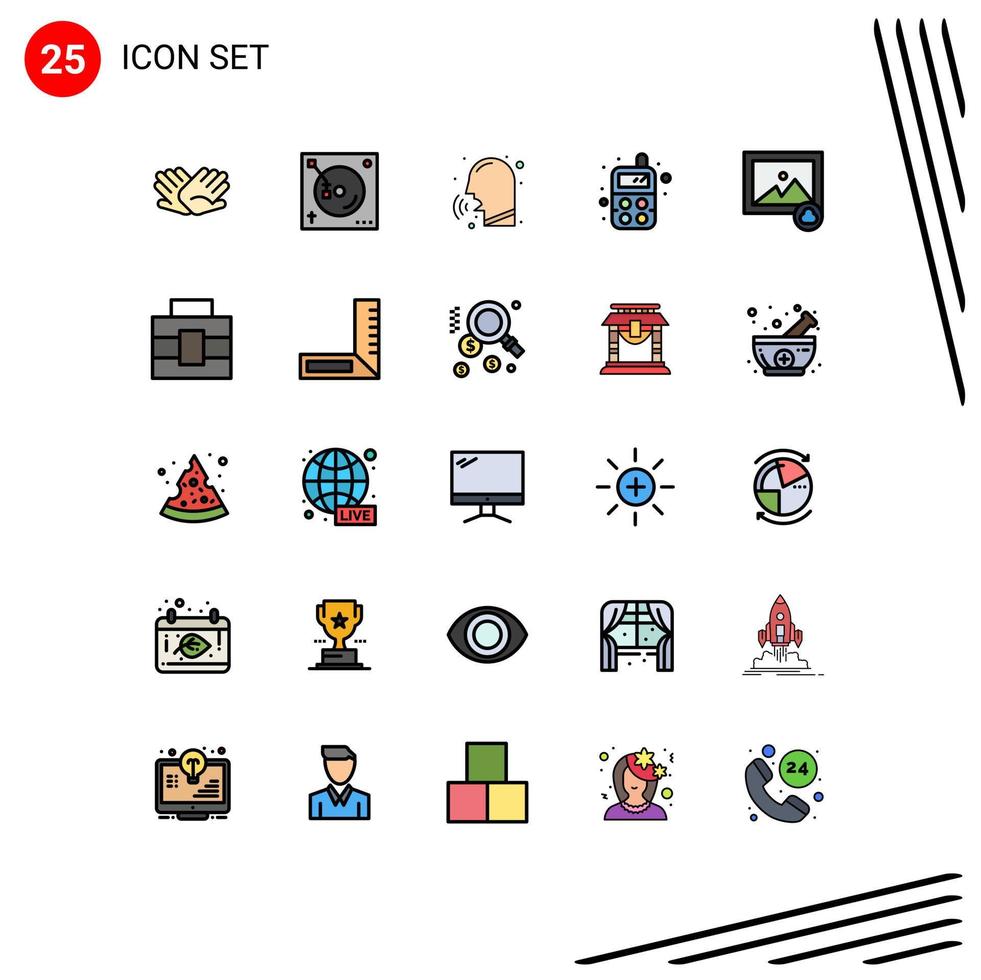 paquete de 25 modernos signos y símbolos de colores planos de línea rellena para medios de impresión web, como sonido de radio en la nube, tos de bebé, elementos de diseño de vectores editables