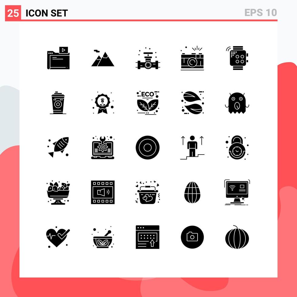 Pictogram Set of 25 Simple Solid Glyphs of watch capture mechanical picture photography Editable Vector Design Elements