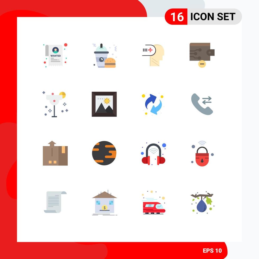 Mobile Interface Flat Color Set of 16 Pictograms of margarita glass mental cocktail remove Editable Pack of Creative Vector Design Elements