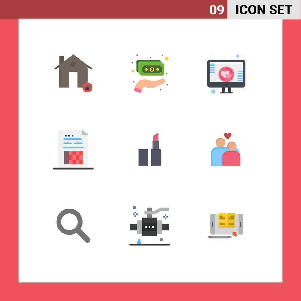 User Interface Pack of 9 Basic Flat Colors of invoice document money data screen heart Editable Vector Design Elements