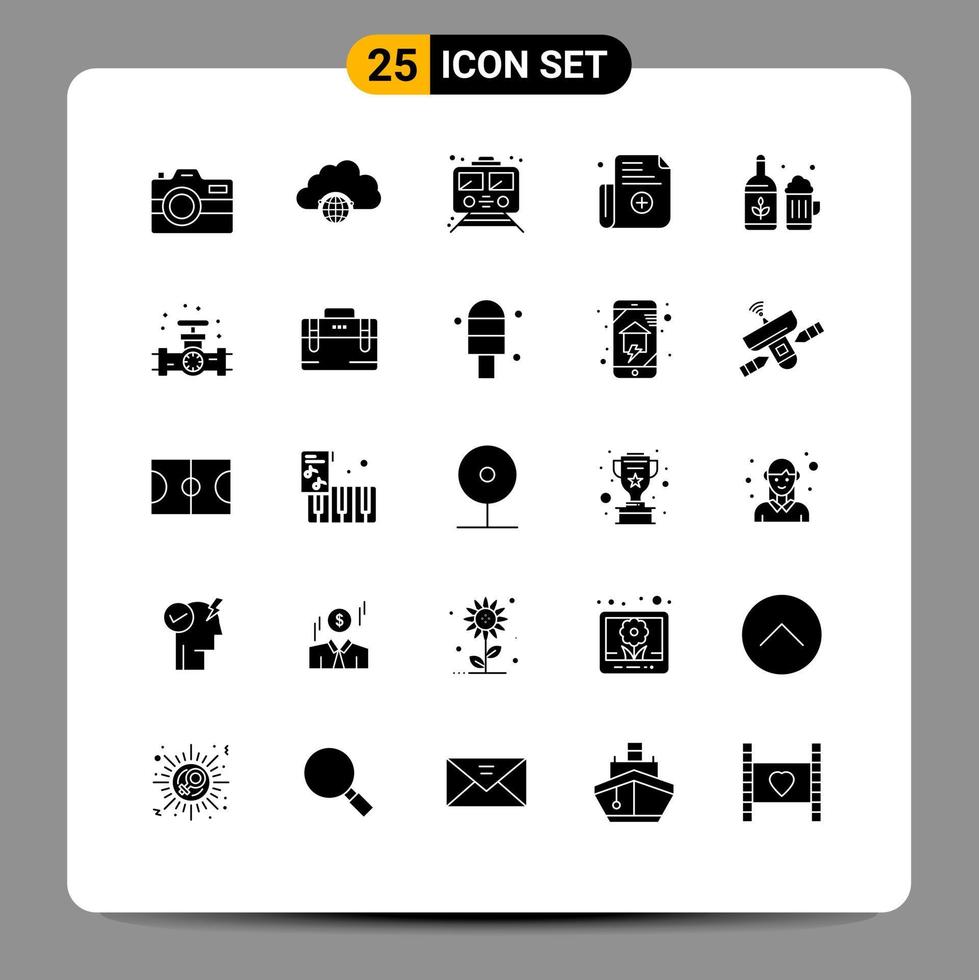 Pack of 25 creative Solid Glyphs of beer medical infrastructure form transport Editable Vector Design Elements