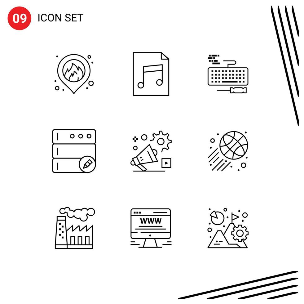 conjunto de 9 iconos de interfaz de usuario modernos signos de símbolos para anuncio anuncio servidor de configuración de hardware elementos de diseño vectorial editables vector