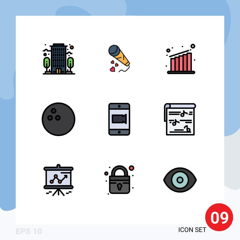 Mobile Interface Filledline Flat Color Set of 9 Pictograms of multimedia camera business video sport Editable Vector Design Elements