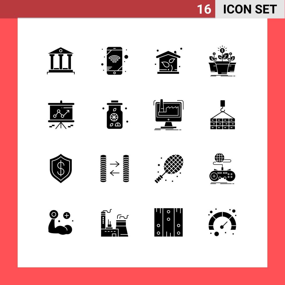 16 Universal Solid Glyph Signs Symbols of graph tree house pot money Editable Vector Design Elements