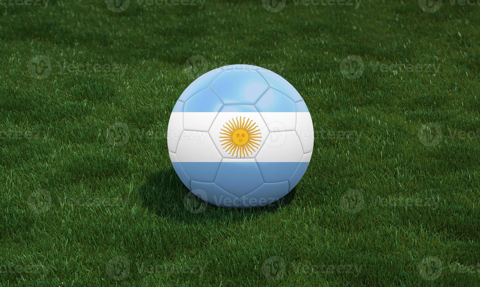 Soccer ball with Argentina flag colors at a stadium on green grasses background. 3D illustration. photo