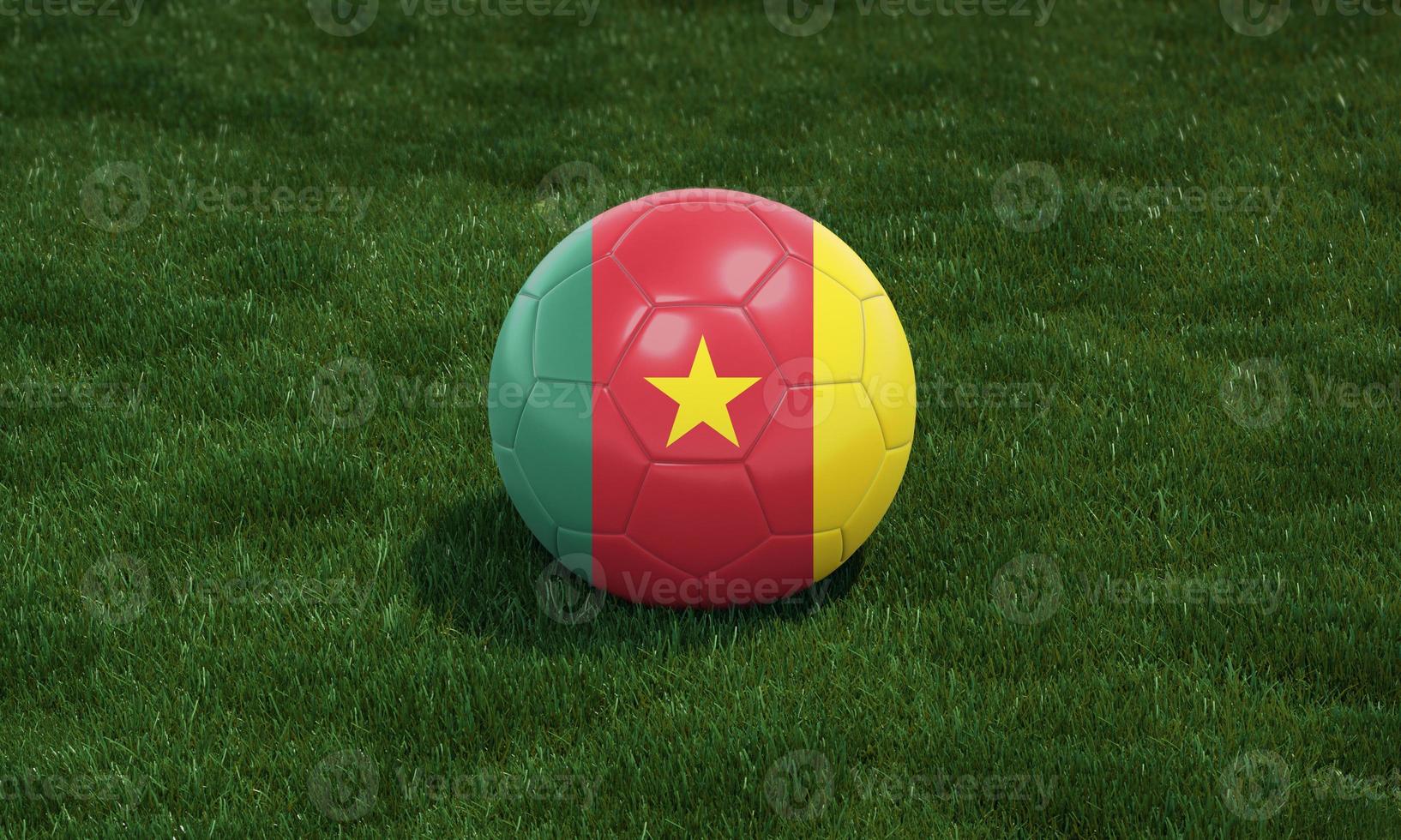 Soccer ball with Cameroon flag colors at a stadium on green grasses background. photo