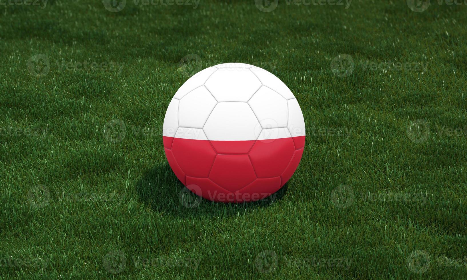 Soccer ball with Poland flag colors at a stadium on green grasses background. photo