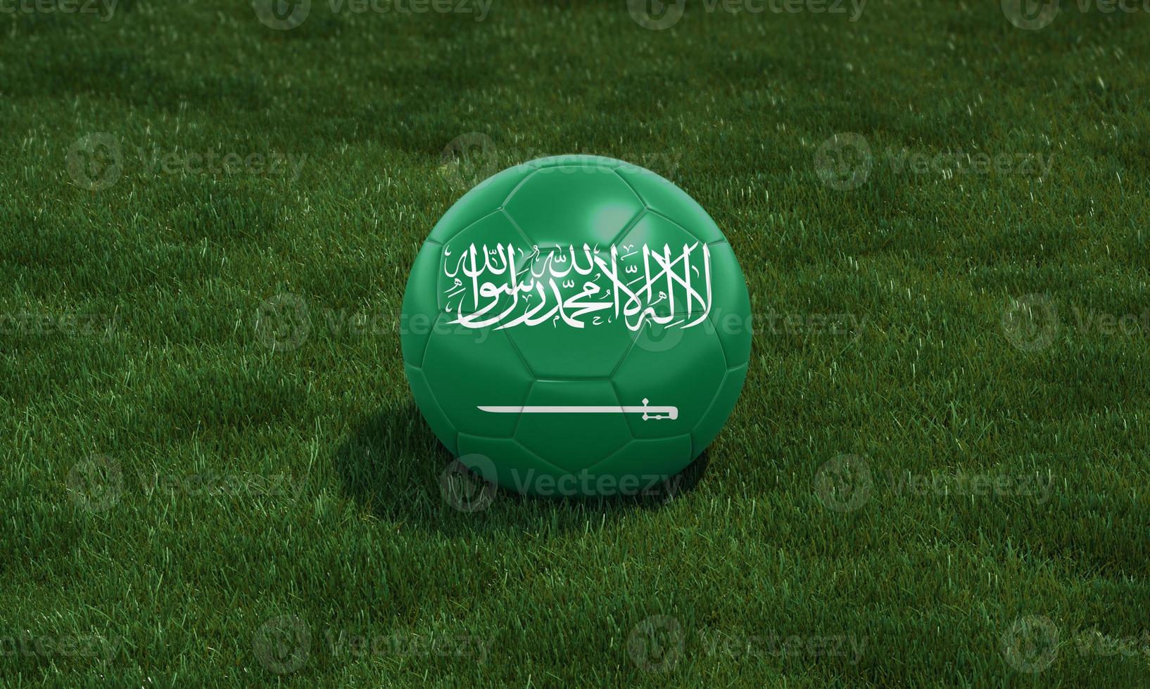 Soccer ball with Saudi Arabia flag colors at a stadium on green grasses background. photo