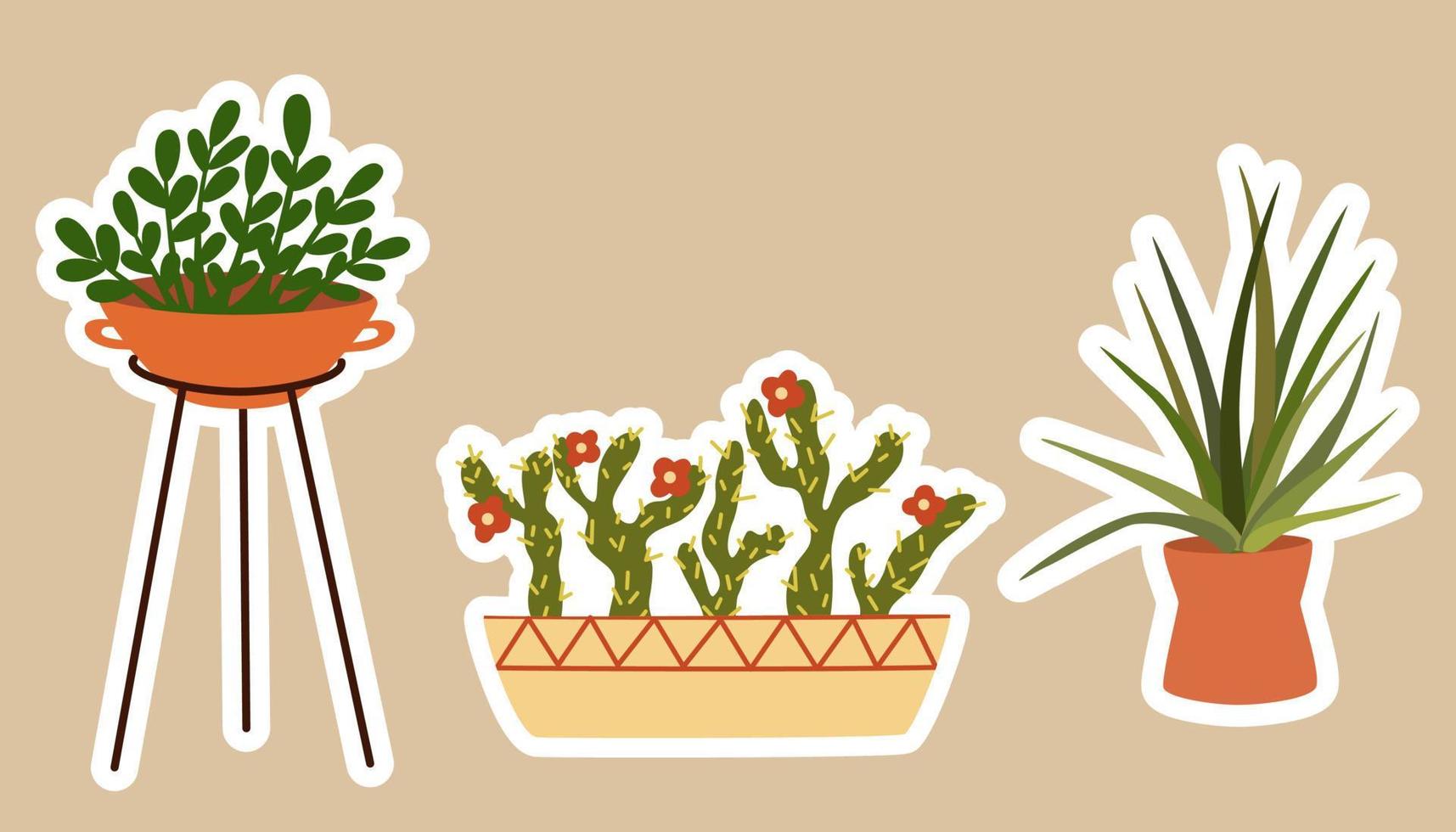 pegatinas de plantas de interior. conjunto de pegatinas de plantas suculentas de patee tropical hygge. acogedora colección de plantas de estilo lagom en estilo de dibujos animados. paquete de vectores de dibujo manual.