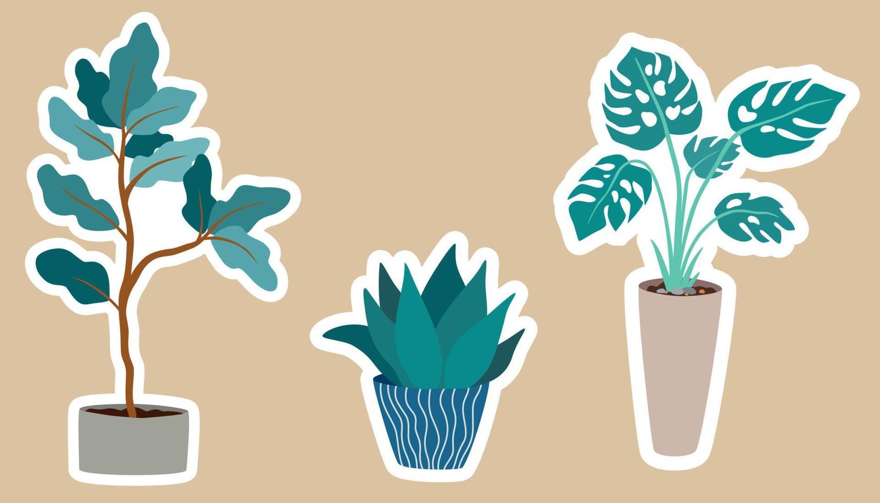 House plants stickers. Set of hygge tropical patee succulent plants stickers. Cozy lagom style collection of plants in cartoon style. Hand draw vector bundle.