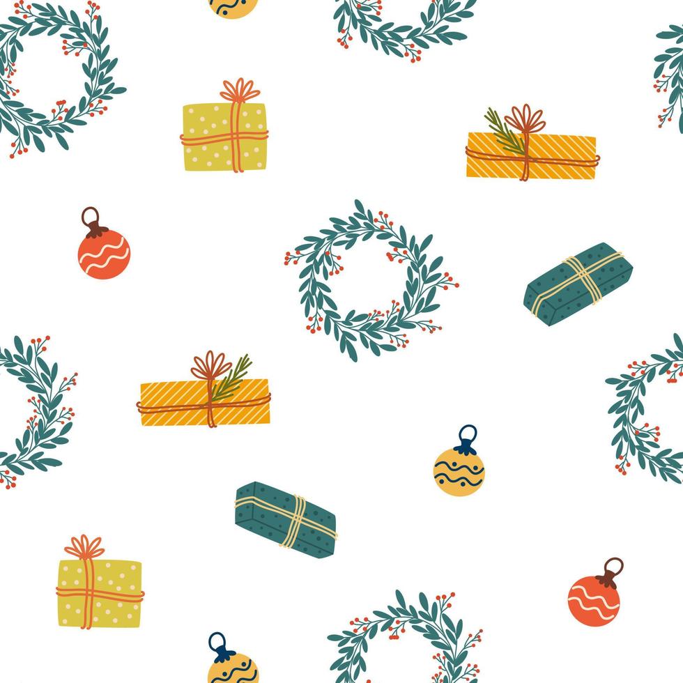 elementos navideños de patrones sin fisuras. fondo de invierno, papel pintado infantil para tela, textil, ropa, papel, tela, scrapbooking, planificador. símbolo tradicional de vacaciones de año nuevo. ilustración vectorial vector