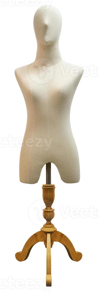 Upper body female mannequin unclothed on wooden tripod isolated on white background with clipping path photo
