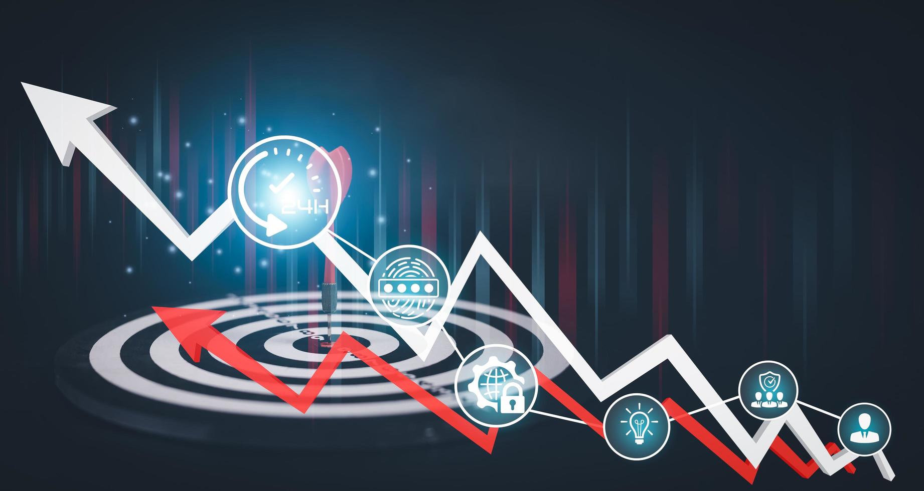 flecha de dardo de ojo de buey y línea de mercado de valores o gráfico de comercio de divisas y gráfico de velas adecuado para el concepto de inversión financiera, antecedentes de tendencias económicas para ideas de negocios y todo el diseño de obras de arte. foto