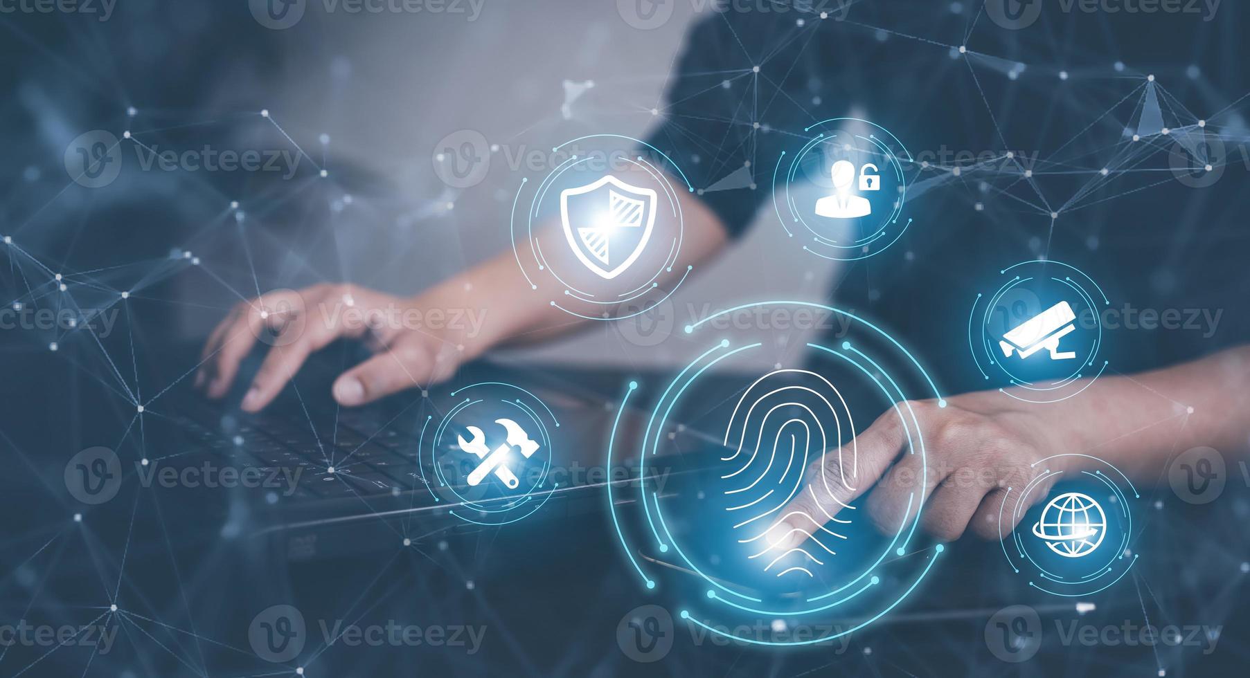 Hand touch fingerprint with virtual global with cyber security, Login, User, identification information security and encryption, secure access to users personal information, secure Internet access, photo