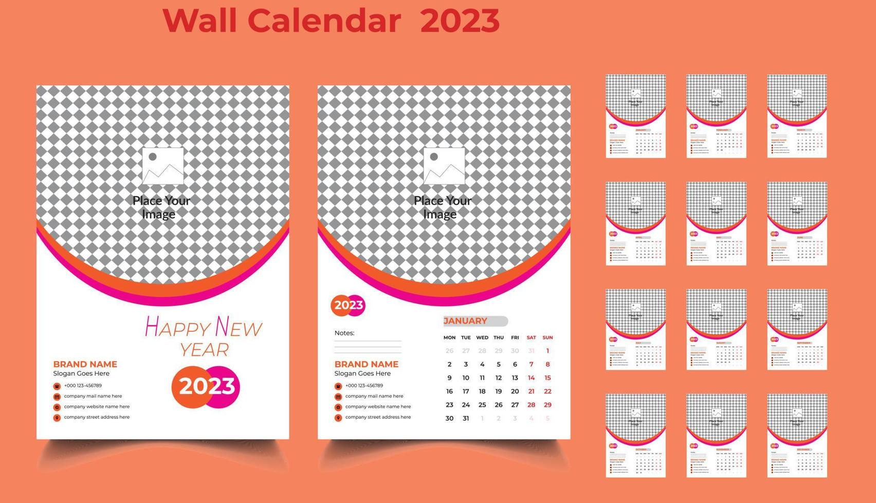 Wall Calendar Template 2023, 2023 Wall Calendar, Wall Calendar Design, 2023 New Year Calendar vector