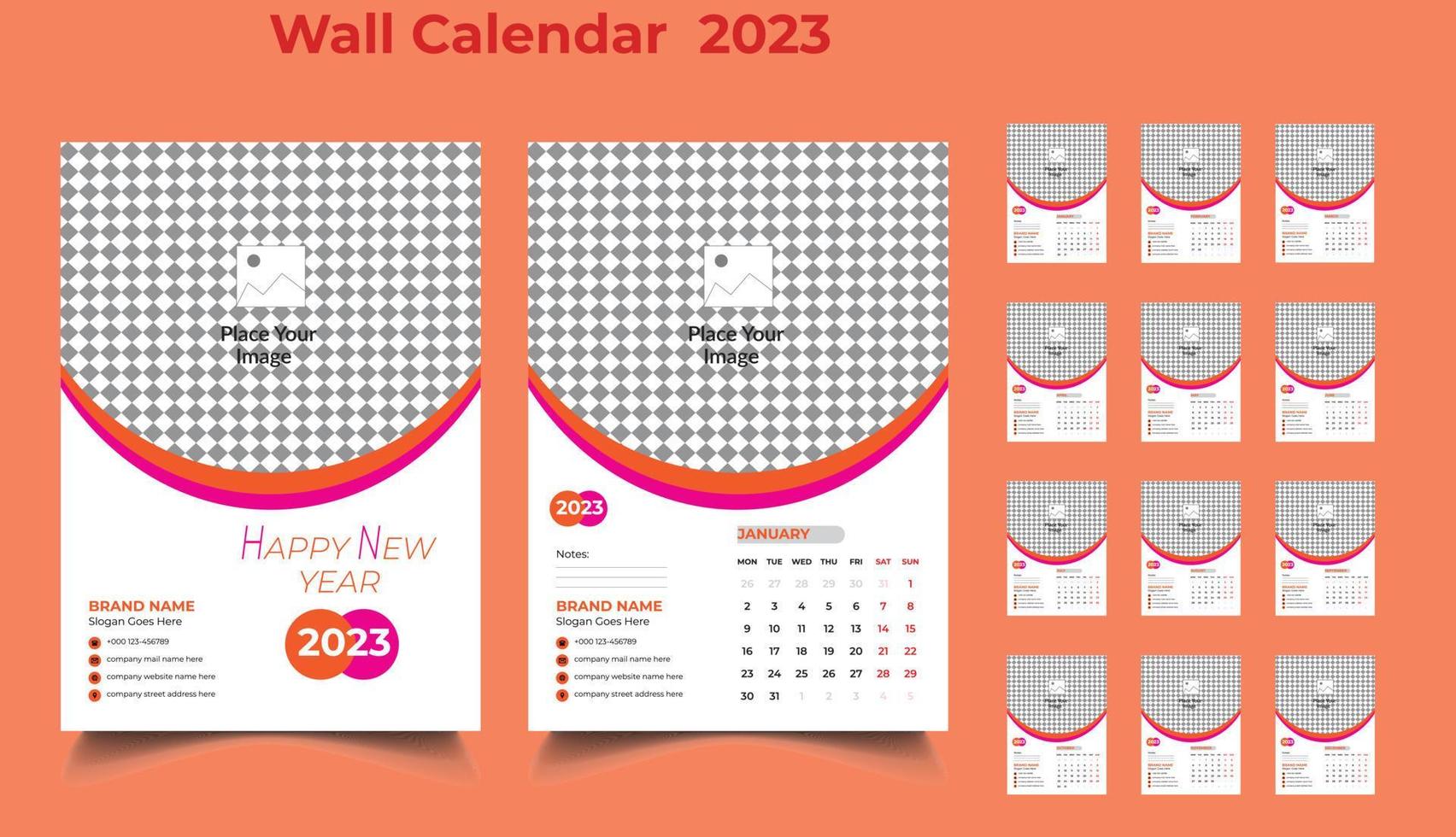 plantilla de calendario de pared 2023, calendario de pared 2023, diseño de calendario de pared, calendario de año nuevo 2023 vector