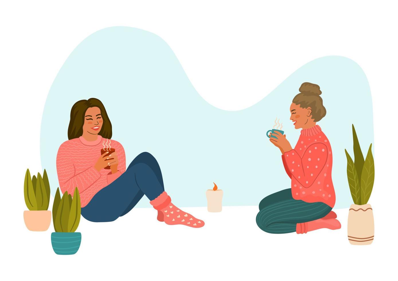 Two young women sitting, having a hot drink and talking. Hygge lifestyle. Cozy evening with candles. vector