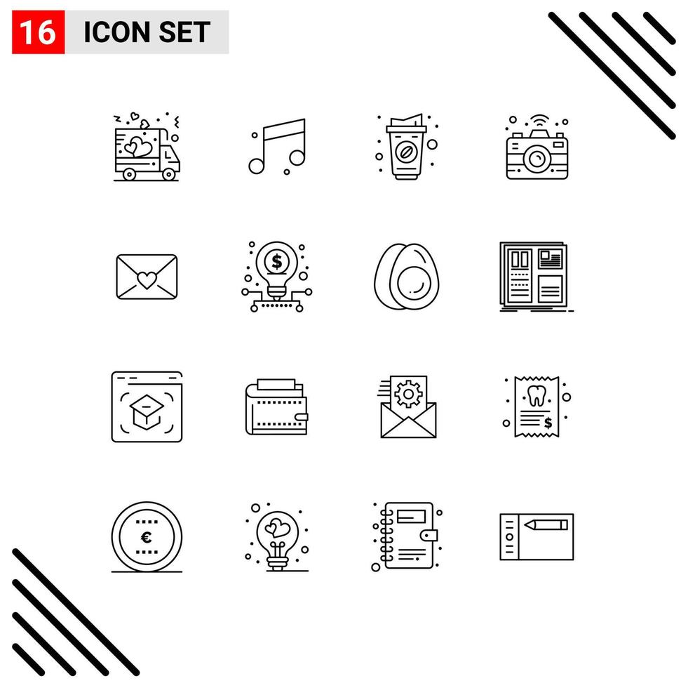 Group of 16 Outlines Signs and Symbols for business love cup mail connectivity Editable Vector Design Elements