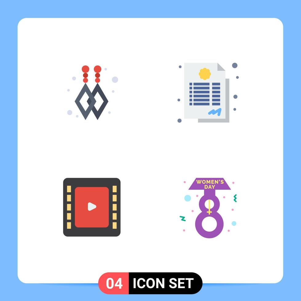 Set of 4 Vector Flat Icons on Grid for custom earrings eight march contract cienma tape day Editable Vector Design Elements