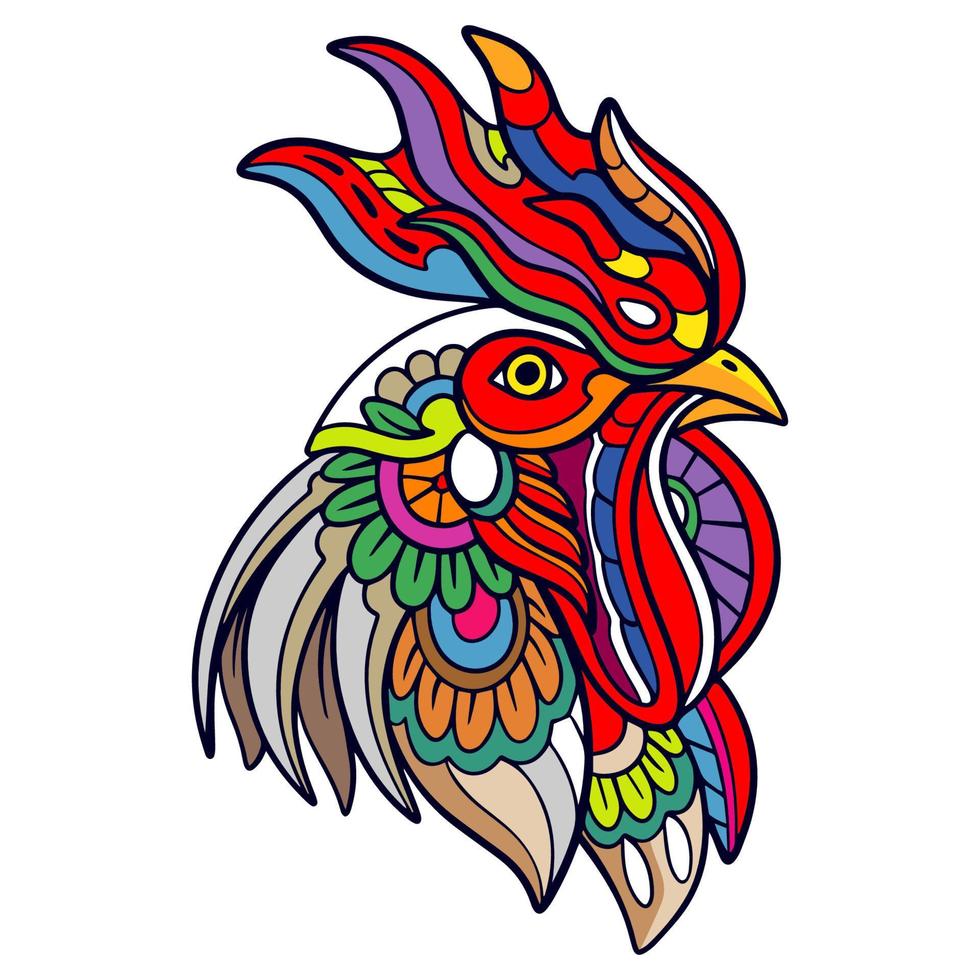 Colorido gallo artes mandala aislado sobre fondo blanco. vector