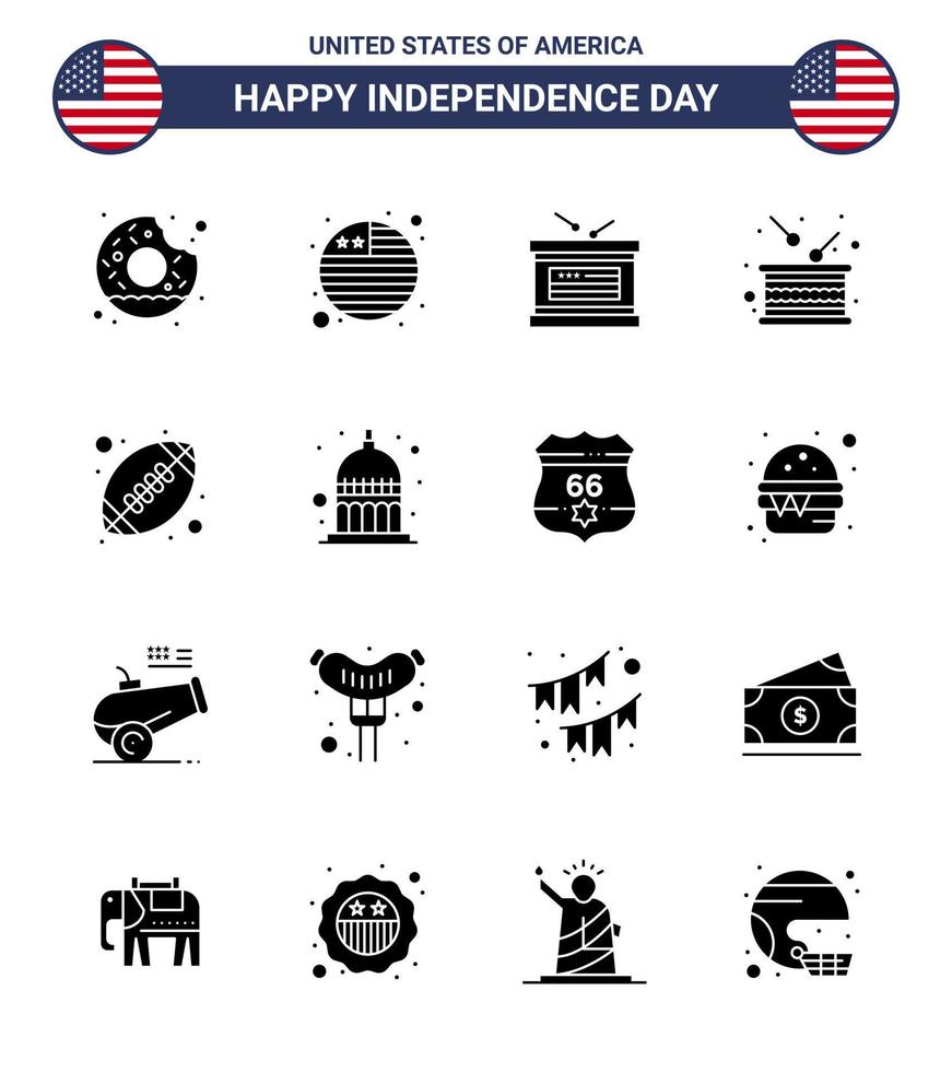4th July USA Happy Independence Day Icon Symbols Group of 16 Modern Solid Glyphs of rugby independence holiday independence drum Editable USA Day Vector Design Elements