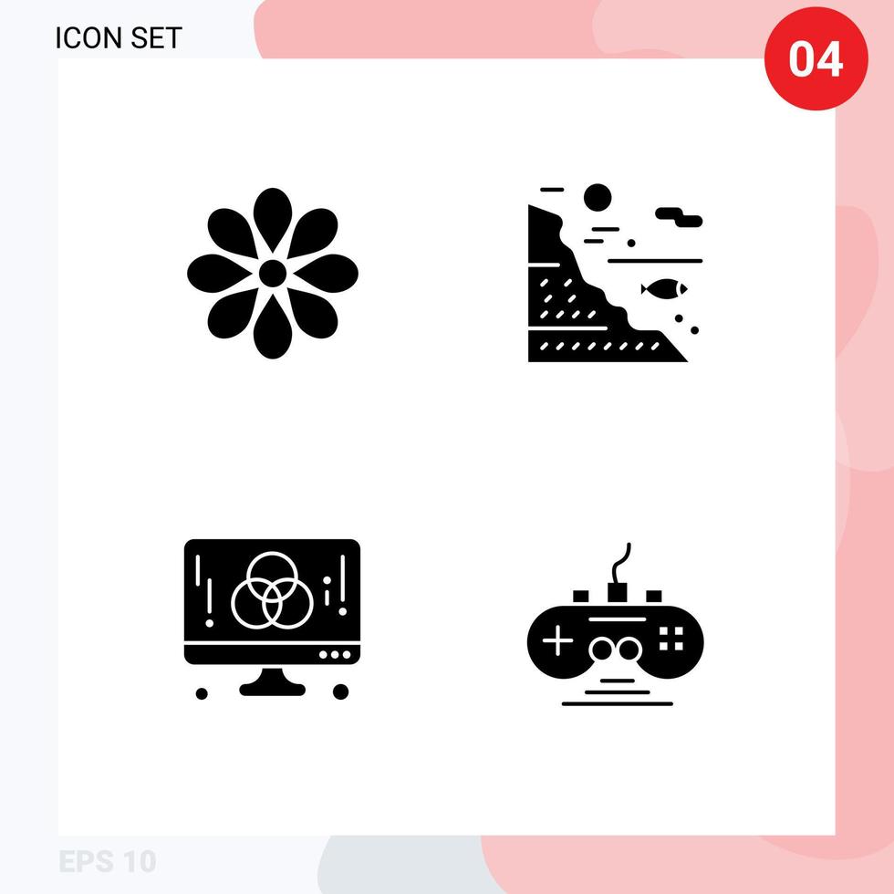 Set of 4 Commercial Solid Glyphs pack for flower fishing flower water designer Editable Vector Design Elements