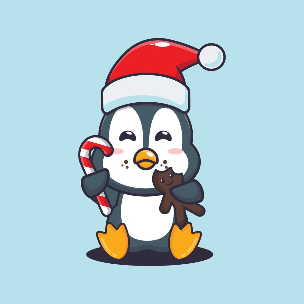 lindo pingüino comiendo galletas y dulces de navidad. linda ilustración de dibujos animados de navidad. vector