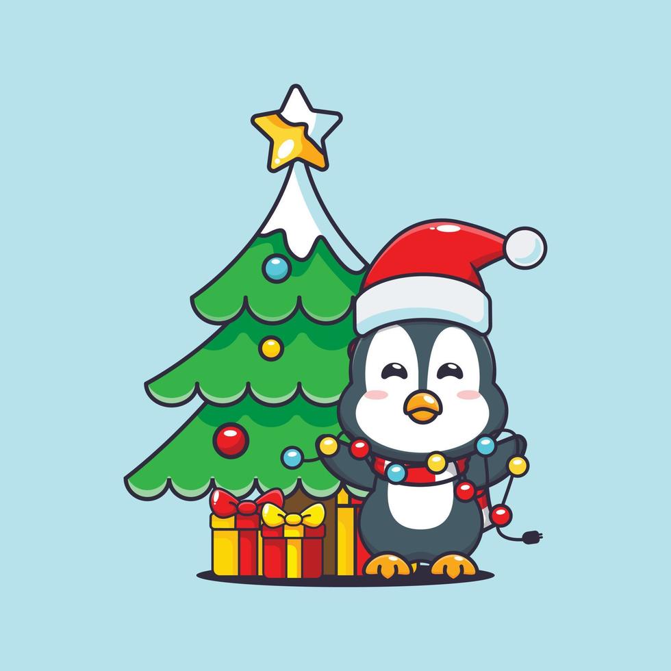 lindo pingüino con lámpara navideña. linda ilustración de dibujos animados de navidad. vector