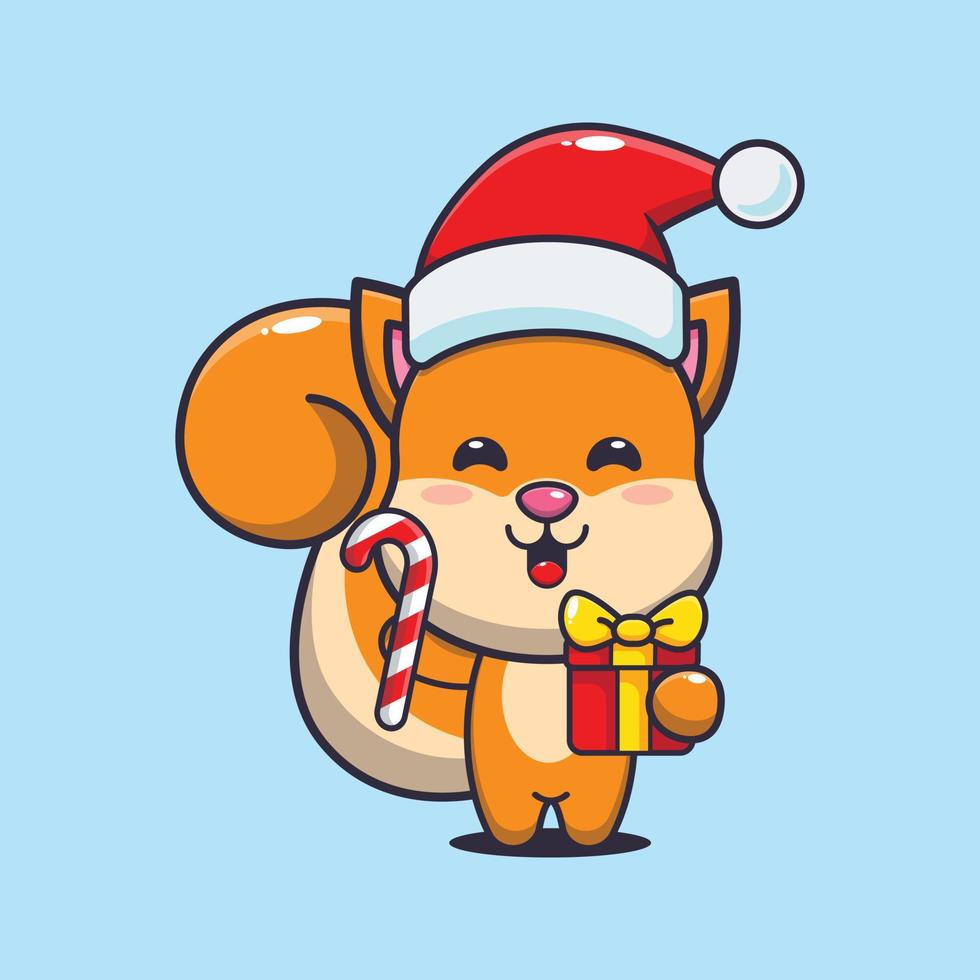 Cute squirrel holding christmas candy and gift. Cute christmas cartoon illustration. vector