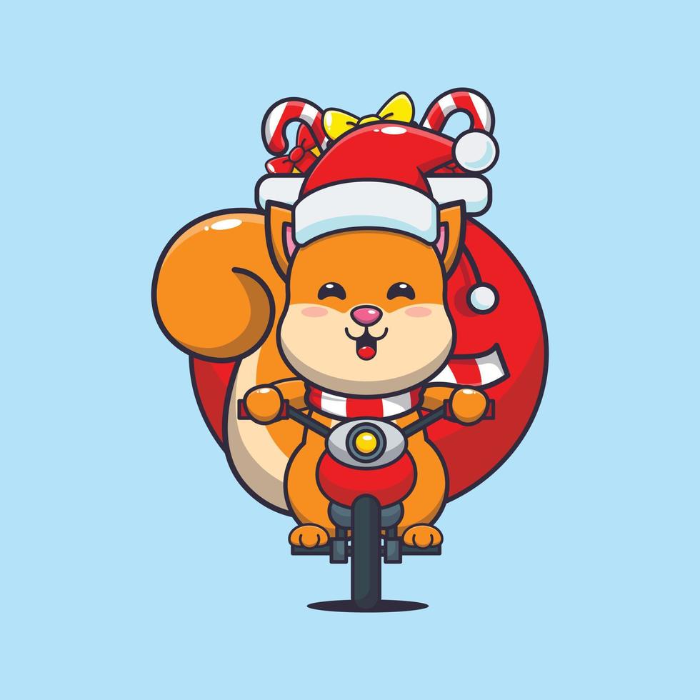Cute squirrel carrying christmas gift with motorcycle. Cute christmas cartoon illustration. vector