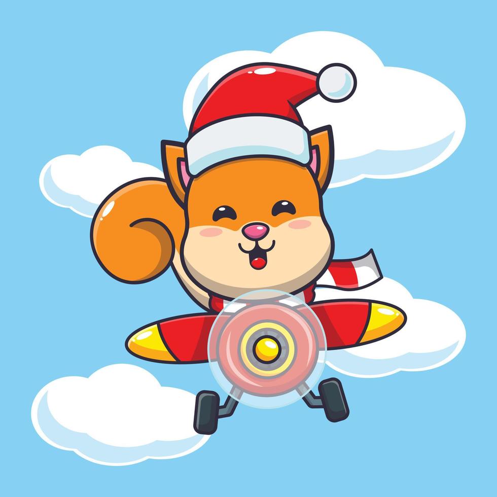 linda ardilla con sombrero de santa volando con avión. linda ilustración de dibujos animados de navidad. vector