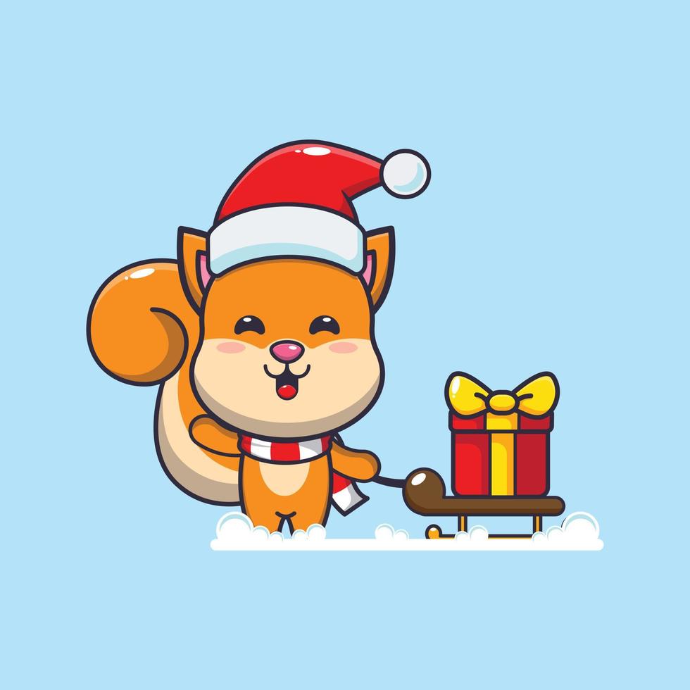 Cute squirrel carrying christmas gift box. Cute christmas cartoon illustration. vector