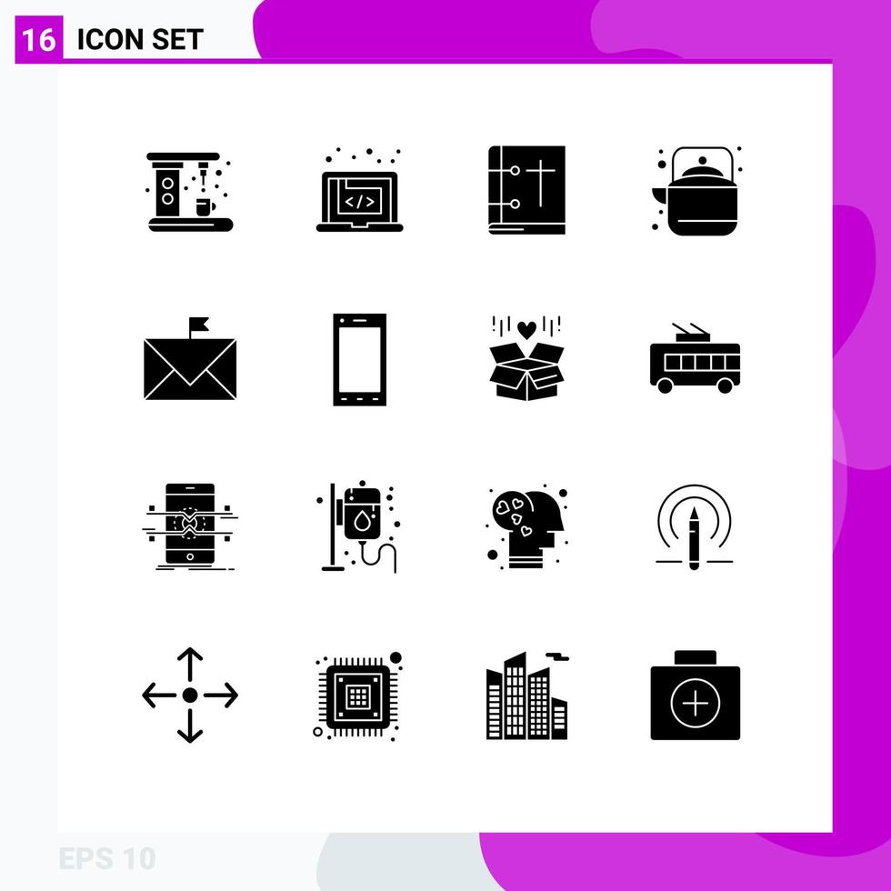 Pictogram Set of 16 Simple Solid Glyphs of tea outdoor software camping holy book Editable Vector Design Elements