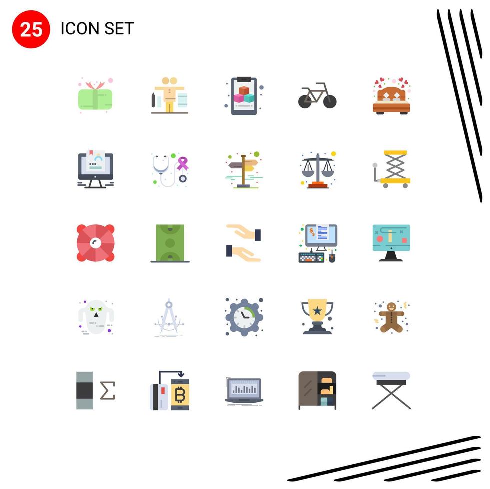 Pictogram Set of 25 Simple Flat Colors of love bed rest dating work bed bicycle Editable Vector Design Elements
