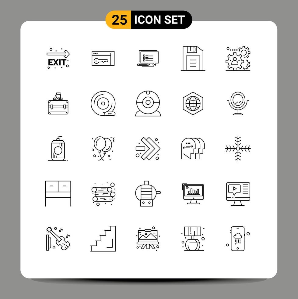 Editable Vector Line Pack of 25 Simple Lines of production human chat retro floppy disk Editable Vector Design Elements