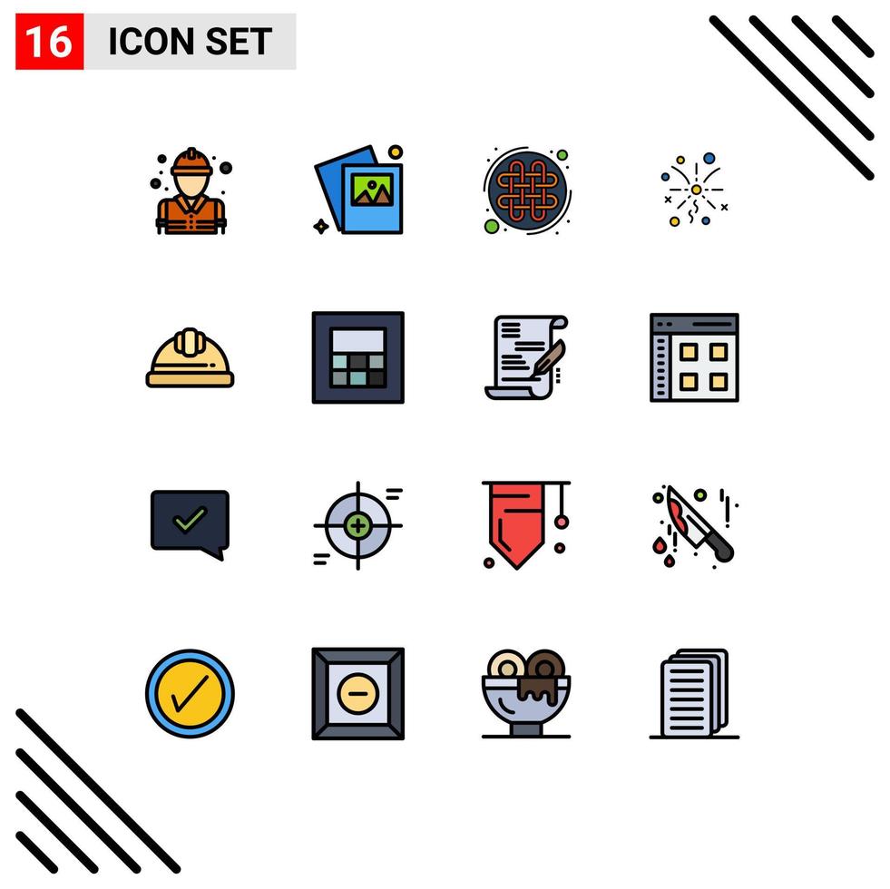 Modern Set of 16 Flat Color Filled Lines Pictograph of labour helmet helmet ireland cap light Editable Creative Vector Design Elements
