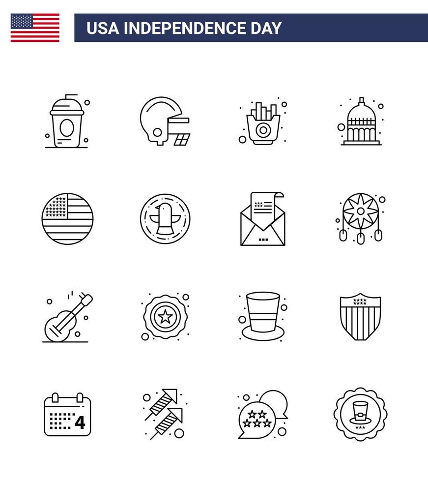 USA Independence Day Line Set of 16 USA Pictograms of flag usa fast statehouse indiana Editable USA Day Vector Design Elements