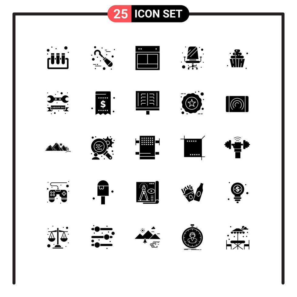 25 Universal Solid Glyphs Set for Web and Mobile Applications food sitting layout office chair Editable Vector Design Elements