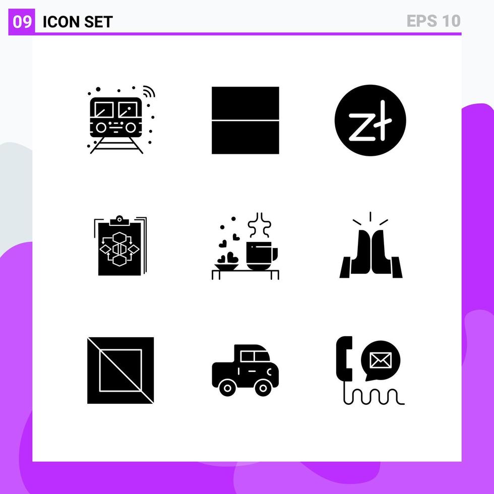 Group of 9 Solid Glyphs Signs and Symbols for work flow zloty diagram clipboard Editable Vector Design Elements