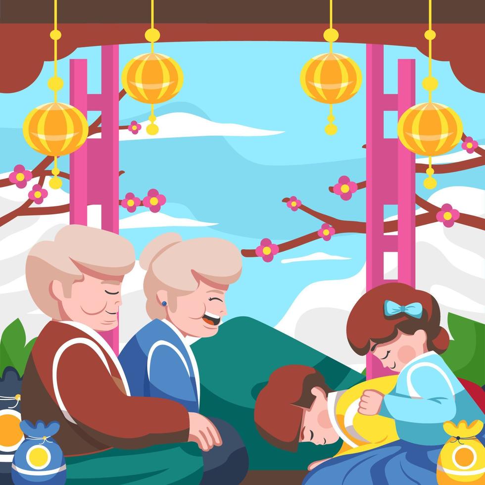 Kids Greeting With Grandparents For Celebrate Seollal Korea New Year vector
