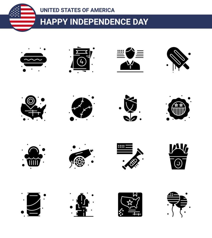 paquete de iconos de vectores de stock del día americano 16 signos y símbolos de glifos sólidos para el hombre del mapa de estados unidos crema de estados unidos elementos de diseño de vectores editables del día de estados unidos