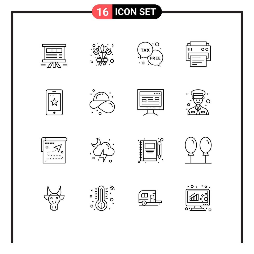 Pack of 16 Modern Outlines Signs and Symbols for Web Print Media such as mobile printing duty print tax Editable Vector Design Elements