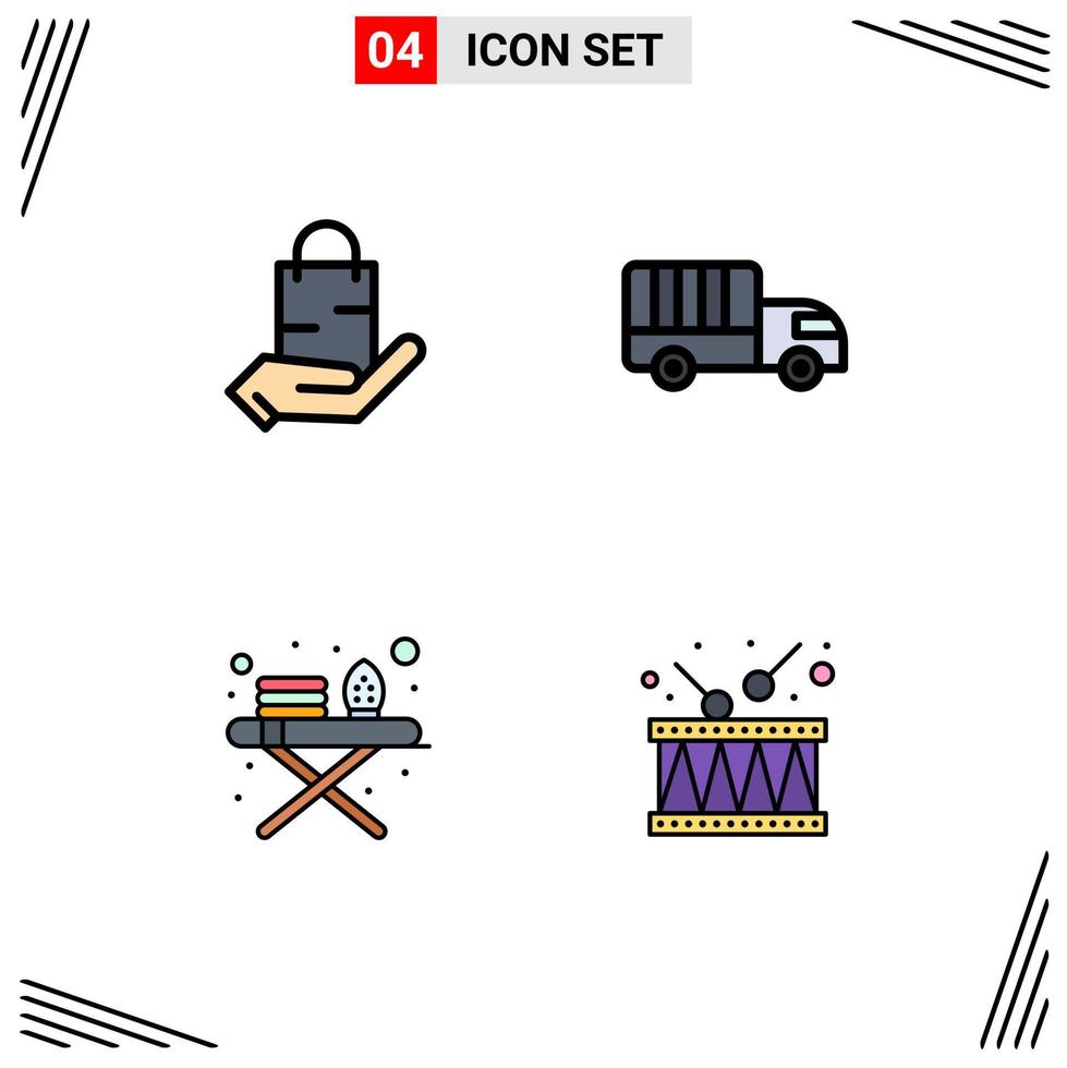 Modern Set of 4 Filledline Flat Colors Pictograph of bag ironing board shop lorry ironing tools Editable Vector Design Elements